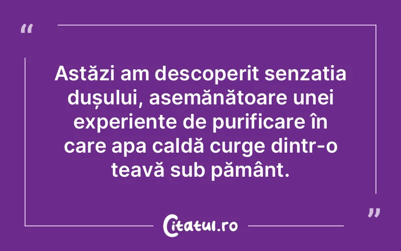 Astăzi am descoperit senzația dușului, asemănătoare unei experiențe de purificare în care apa caldă curge dintr-o țeavă sub pământ.