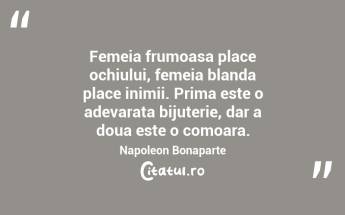 Femeia frumoasa place ochiului, femeia blanda place inimii. Prima este o adevarata bijuterie, dar a doua este o comoara. Napoleon Bonaparte...