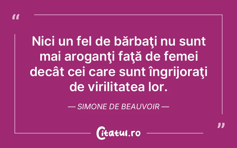 Nici un fel de bărbaţi nu sunt mai aroganţi faţă de femei decât cei care sunt îngrijoraţi de virilitatea lor. Simone de Beauvoir