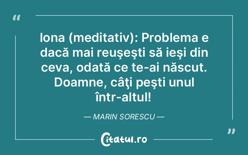 Iona (meditativ): Problema e dacă mai reuşeşti să ieşi din ceva, odată ce te-ai născut. Doamne, câţi peşti unul într-altul! Marin Sorescu
