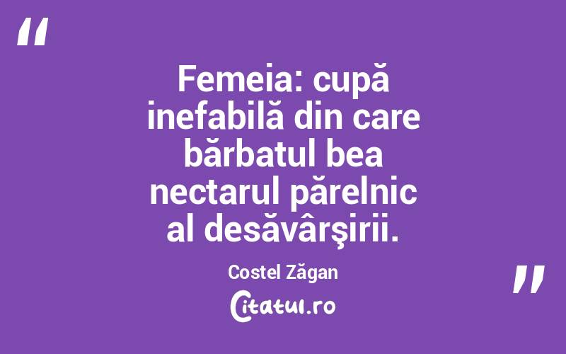 Femeia: cupă inefabilă din care bărbatul bea nectarul părelnic al desăvârşirii. Costel Zăgan
