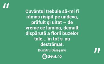 Cuvântul trebuie să-mi fi rămas risipit pe undeva, prăfuit şi uitat – de vreme ce lumina, demult dispărută a florii buzelor tale... în tot s-au destrămat. Dumitru Găleşanu...