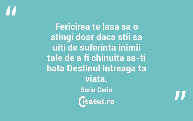 Fericirea te lasa sa o atingi doar daca stii sa uiti de suferinta inimii tale de a fi chinuita sa-ti bata Destinul intreaga ta viata. Sorin Cerin