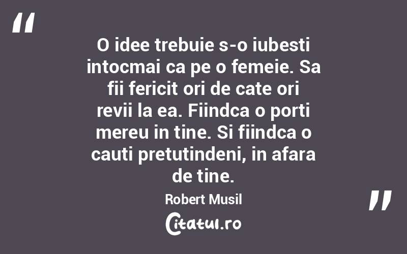 O idee trebuie s-o iubesti intocmai ca pe o femeie. Sa fii fericit ori de cate ori revii la ea. Fiindca o porti mereu in tine. Si fiindca o cauti pretutindeni, in afara de tine. Robert Musil