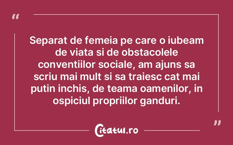 Separat de femeia pe care o iubeam de viata si de obstacolele conventiilor sociale, am ajuns sa scriu mai mult si sa traiesc cat mai putin inchis, de teama oamenilor, in ospiciul propriilor ganduri.
