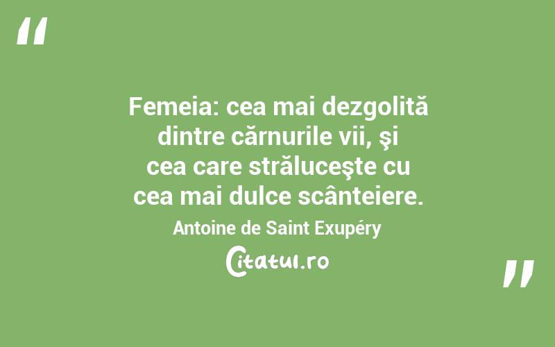 Femeia: cea mai dezgolită dintre cărnurile vii, şi cea care străluceşte cu cea mai dulce scânteiere. Antoine de Saint Exupéry