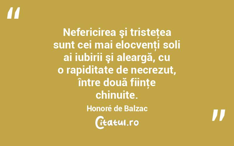 Nefericirea şi tristeţea sunt cei mai elocvenţi soli ai iubirii şi aleargă, cu o rapiditate de necrezut, între două fiinţe chinuite. Honoré de Balzac