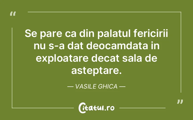 Se pare ca din palatul fericirii nu s-a dat deocamdata in exploatare decat sala de asteptare. Vasile Ghica