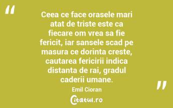 Ceea ce face orasele mari atat de triste este ca fiecare om vrea sa fie fericit, iar sansele scad pe masura ce dorinta creste, cautarea fericirii indica distanta de rai, gradul caderii umane. Emil Cioran...