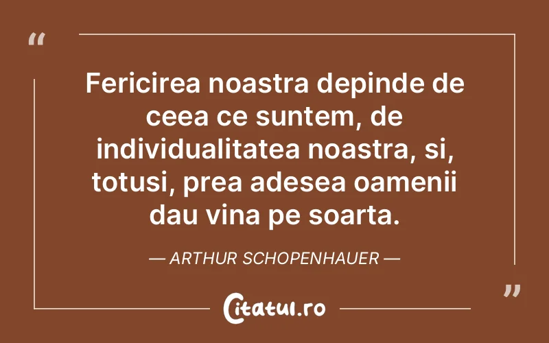 Fericirea noastra depinde de ceea ce suntem, de individualitatea noastra, si, totusi, prea adesea oamenii dau vina pe soarta. Arthur Schopenhauer