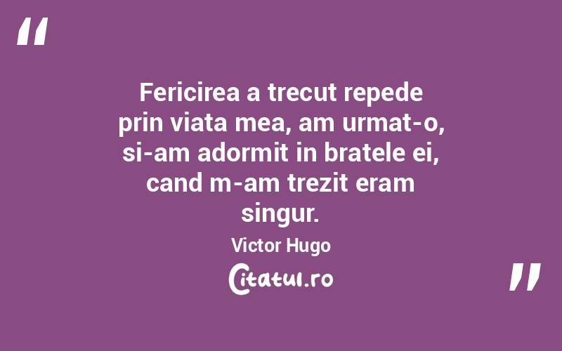 Fericirea a trecut repede prin viata mea, am urmat-o, si-am adormit in bratele ei, cand m-am trezit eram singur. Victor Hugo