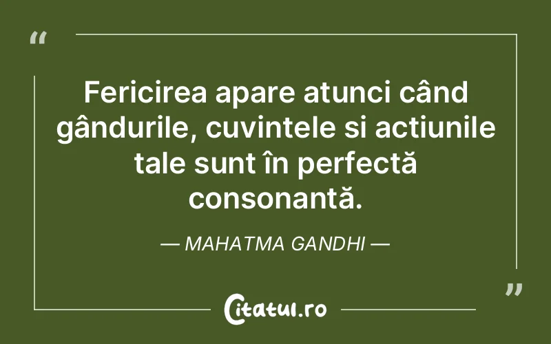 Fericirea apare atunci când gândurile, cuvintele și acțiunile tale sunt în perfectă consonanță. Mahatma Gandhi