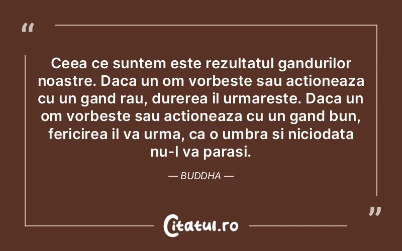 Ceea ce suntem este rezultatul gandurilor noastre. Daca un om vorbeste sau actioneaza cu un gand rau, durerea il urmareste. Daca un om vorbeste sau actioneaza cu un gand bun, fericirea il va urma, ca o umbra si niciodata nu-l va parasi. Buddha