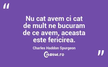 Nu cat avem ci cat de mult ne bucuram de ce avem, aceasta este fericirea. Charles Haddon Spurgeon...