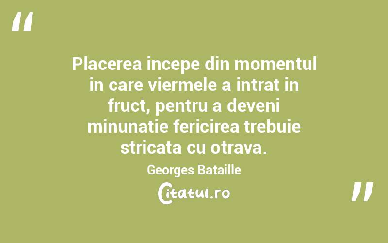 Placerea incepe din momentul in care viermele a intrat in fruct, pentru a deveni minunatie fericirea trebuie stricata cu otrava. Georges Bataille