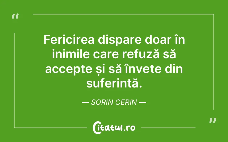 Fericirea dispare doar în inimile care refuză să accepte și să învețe din suferință. Sorin Cerin