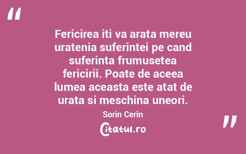 Fericirea iti va arata mereu uratenia suferintei pe cand suferinta frumusetea fericirii. Poate de aceea lumea aceasta este atat de urata si meschina uneori. Sorin Cerin
