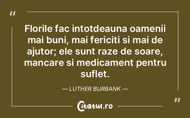 Florile fac intotdeauna oamenii mai buni, mai fericiti si mai de ajutor; ele sunt raze de soare, mancare si medicament pentru suflet. Luther Burbank