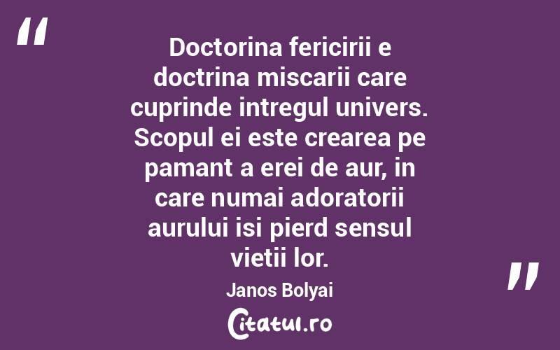 Doctorina fericirii e doctrina miscarii care cuprinde intregul univers. Scopul ei este crearea pe pamant a erei de aur, in care numai adoratorii aurului isi pierd sensul vietii lor. Janos Bolyai