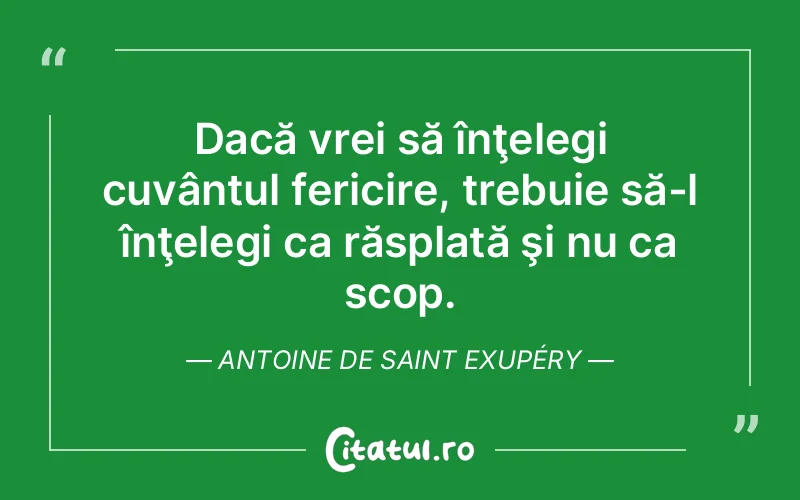 Dacă vrei să înţelegi cuvântul fericire, trebuie să-l înţelegi ca răsplată şi nu ca scop. Antoine de Saint Exupéry