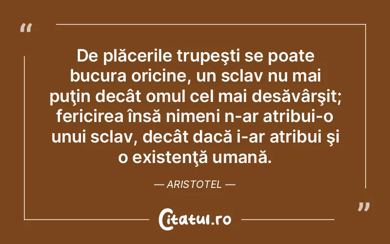 De plăcerile trupeşti se poate bucura oricine, un sclav nu mai puţin decât omul cel mai desăvârşit; fericirea însă nimeni n-ar atribui-o unui sclav, decât dacă i-ar atribui şi o existenţă umană. Aristotel