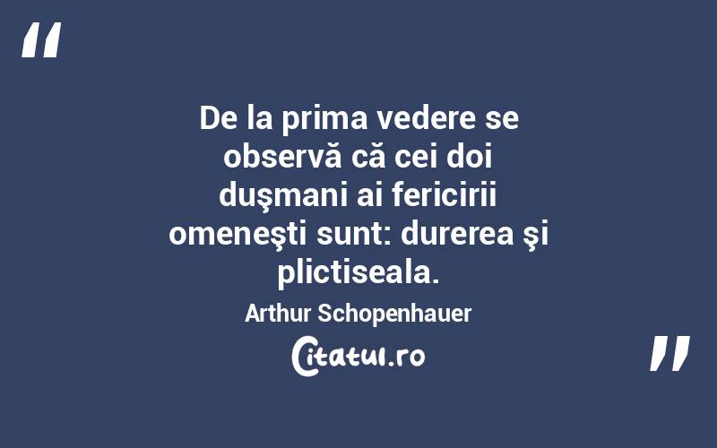 De la prima vedere se observă că cei doi duşmani ai fericirii omeneşti sunt: durerea şi plictiseala. Arthur Schopenhauer