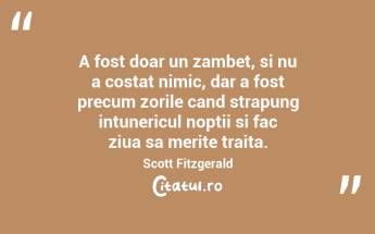 A fost doar un zambet, si nu a costat nimic, dar a fost precum zorile cand strapung intunericul noptii si fac ziua sa merite traita. Scott Fitzgerald...