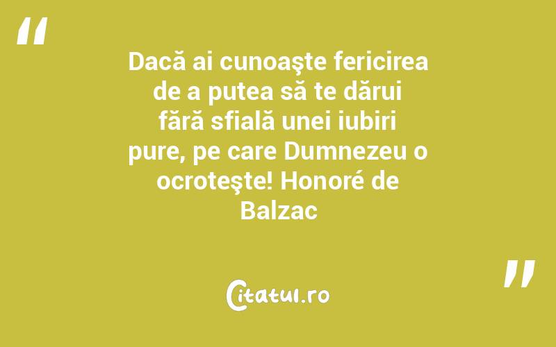Dacă ai cunoaşte fericirea de a putea să te dărui fără sfială unei iubiri pure, pe care Dumnezeu o ocroteşte! Honoré de Balzac