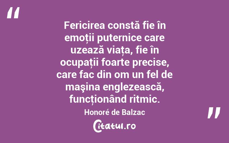 Fericirea constă fie în emoţii puternice care uzează viaţa, fie în ocupaţii foarte precise, care fac din om un fel de maşina englezească, funcţionând ritmic. Honoré de Balzac