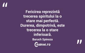 Fericirea reprezintă trecerea spiritului la o stare mai perfectă. Durerea, dimpotrivă, este trecerea la o stare inferioară. Baruch Spinoza...