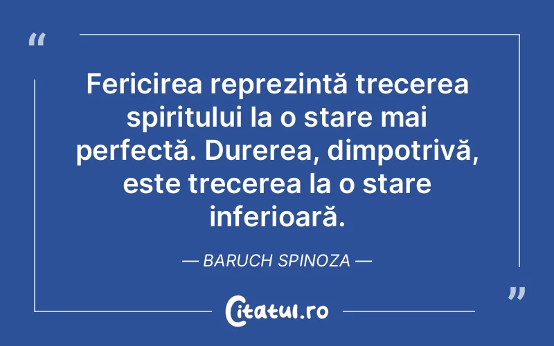 Fericirea reprezintă trecerea spiritului la o stare mai perfectă. Durerea, dimpotrivă, este trecerea la o stare inferioară. Baruch Spinoza