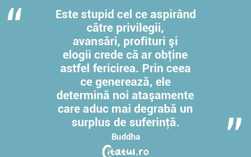 Este stupid cel ce aspirând către privilegii, avansări, profituri şi elogii crede că ar obţine astfel fericirea. Prin ceea ce generează, ele determină noi ataşamente care aduc mai degrabă un surplus de suferinţă. Buddha
