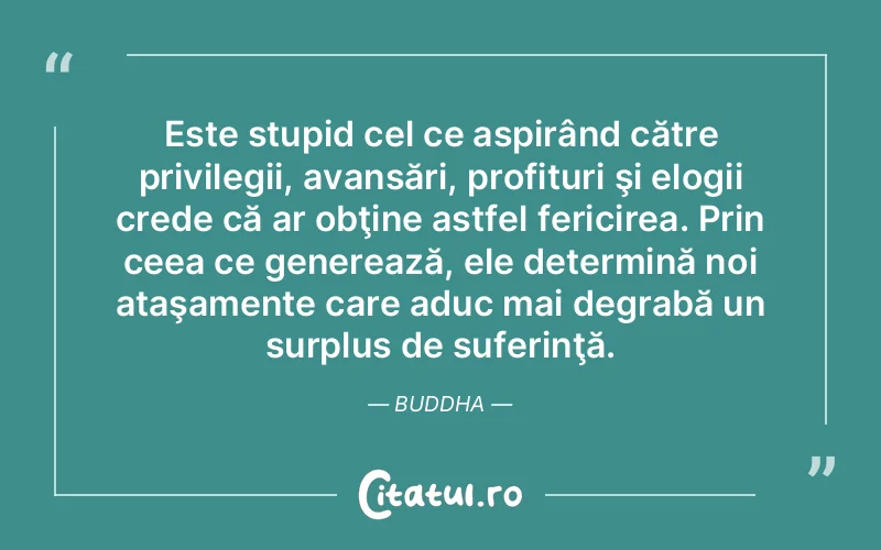 Este stupid cel ce aspirând către privilegii, avansări, profituri şi elogii crede că ar obţine astfel fericirea. Prin ceea ce generează, ele determină noi ataşamente care aduc mai degrabă un surplus de suferinţă. Buddha