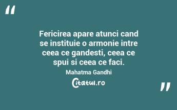 Fericirea apare atunci cand se instituie o armonie intre ceea ce gandesti, ceea ce spui si ceea ce faci. Mahatma Gandhi...