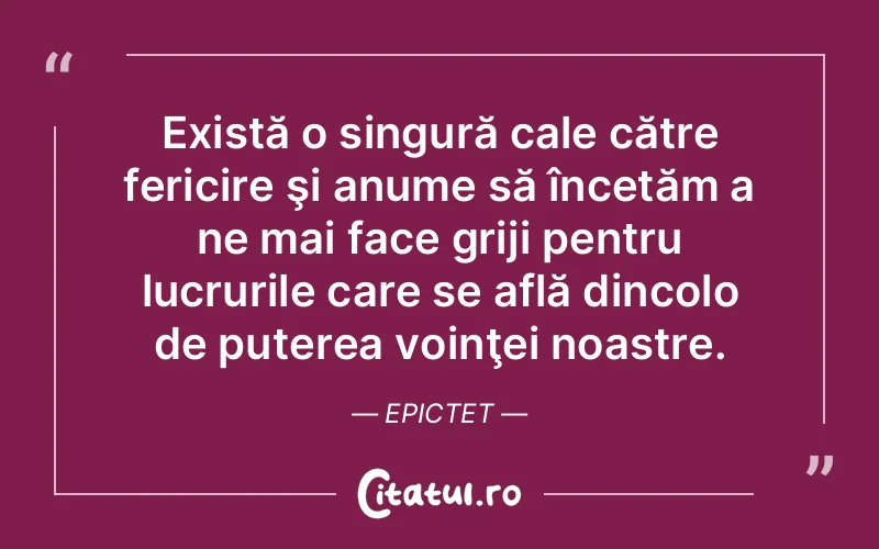 Există o singură cale către fericire şi anume să încetăm a ne mai face griji pentru lucrurile care se află dincolo de puterea voinţei noastre. Epictet