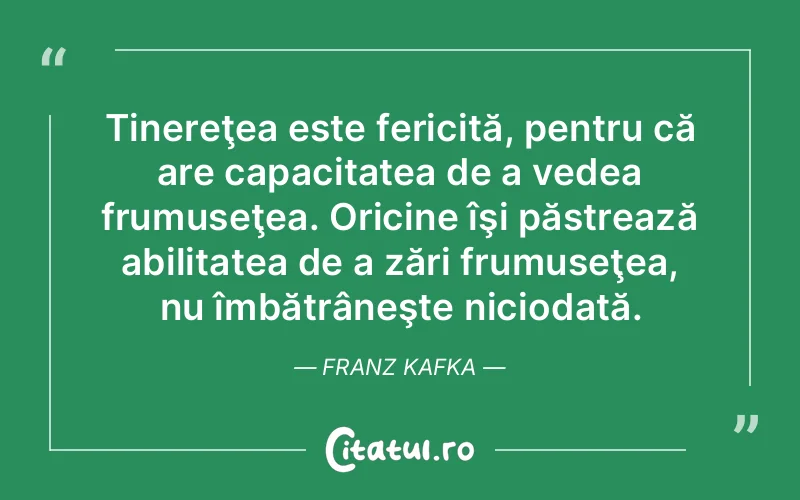 Tinereţea este fericită, pentru că are capacitatea de a vedea frumuseţea. Oricine îşi păstrează abilitatea de a zări frumuseţea, nu îmbătrâneşte niciodată. Franz Kafka