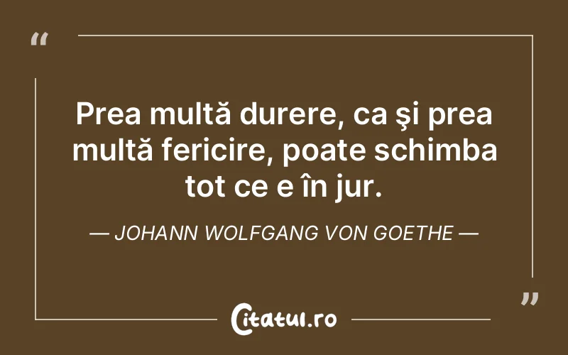 Prea multă durere, ca şi prea multă fericire, poate schimba tot ce e în jur. Johann Wolfgang von Goethe