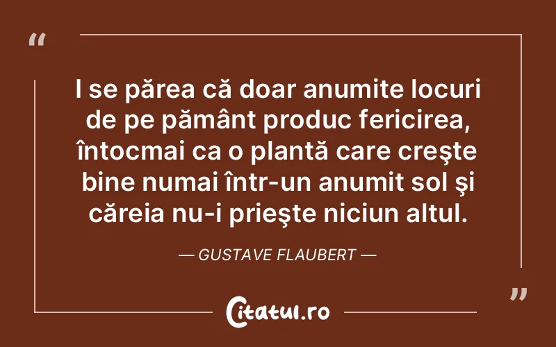 I se părea că doar anumite locuri de pe pământ produc fericirea, întocmai ca o plantă care creşte bine numai într-un anumit sol şi căreia nu-i prieşte niciun altul. Gustave Flaubert