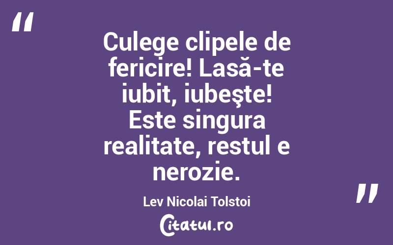 Culege clipele de fericire! Lasă-te iubit, iubeşte! Este singura realitate, restul e nerozie. Lev Nicolai Tolstoi