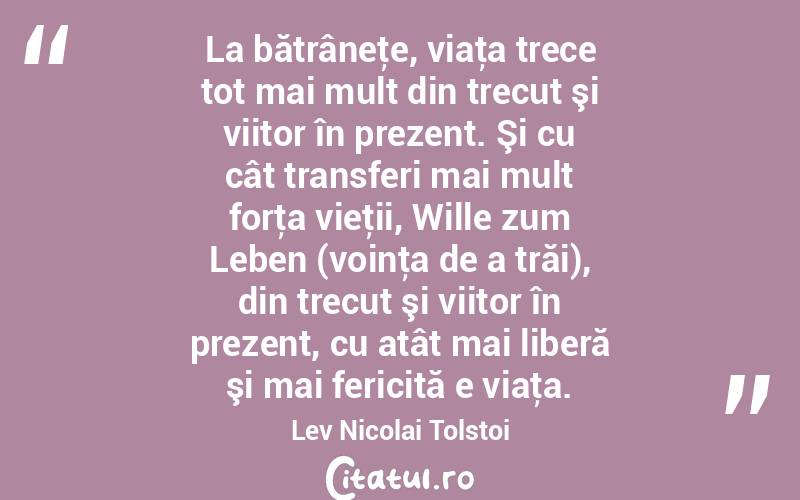 La bătrâneţe, viaţa trece tot mai mult din trecut şi viitor în prezent. Şi cu cât transferi mai mult forţa vieţii, Wille zum Leben (voinţa de a trăi), din trecut şi viitor în prezent, cu atât mai liberă şi mai fericită e viaţa. Lev Nicolai Tolstoi