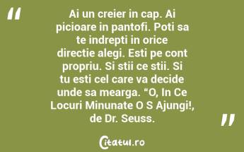 Ai un creier in cap. Ai picioare in pantofi. Poti sa te indrepti in orice directie alegi. Esti pe cont propriu. Si stii ce stii. Si tu esti cel care va decide unde sa mearga. “O, In Ce Locuri Minunate O S Ajungi!, de Dr. Seuss....