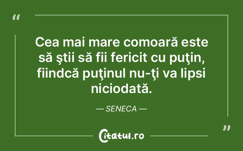Cea mai mare comoară este să ştii să fii fericit cu puţin, fiindcă puţinul nu-ţi va lipsi niciodată. Seneca