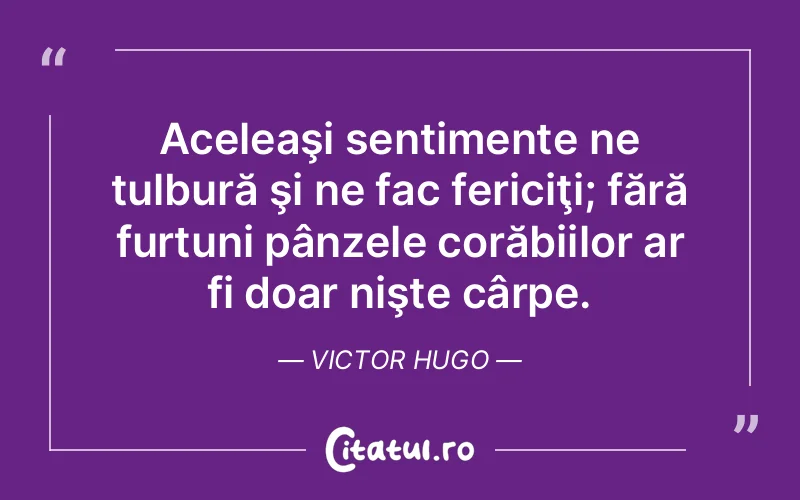 Aceleaşi sentimente ne tulbură şi ne fac fericiţi; fără furtuni pânzele corăbiilor ar fi doar nişte cârpe. Victor Hugo