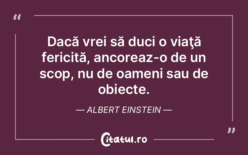 Dacă vrei să duci o viaţă fericită, ancoreaz-o de un scop, nu de oameni sau de obiecte. Albert Einstein