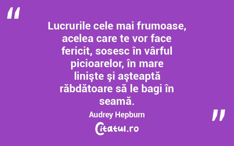 Lucrurile cele mai frumoase, acelea care te vor face fericit, sosesc în vârful picioarelor, în mare linişte şi aşteaptă răbdătoare să le bagi în seamă. Audrey Hepburn
