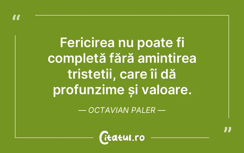 Fericirea nu poate fi completă fără amintirea tristeții, care îi dă profunzime și valoare. Octavian Paler