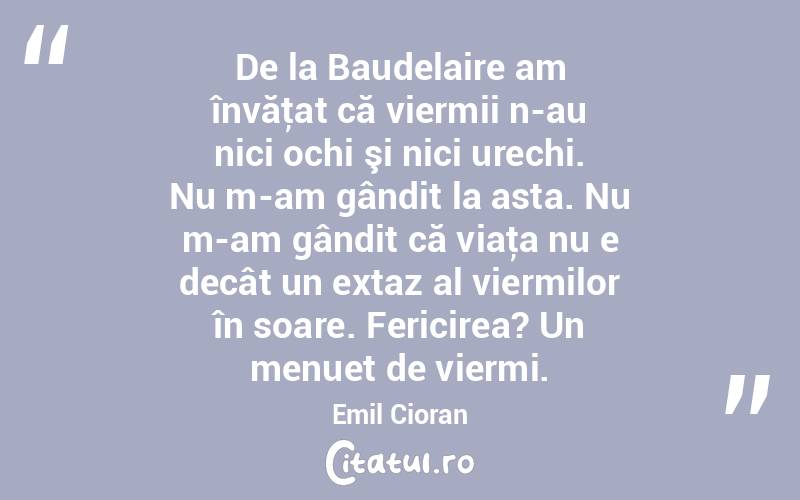 De la Baudelaire am învăţat că viermii n-au nici ochi şi nici urechi. Nu m-am gândit la asta. Nu m-am gândit că viaţa nu e decât un extaz al viermilor în soare. Fericirea? Un menuet de viermi. Emil Cioran