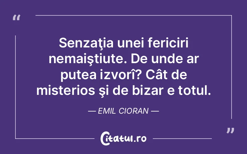Senzaţia unei fericiri nemaiştiute. De unde ar putea izvorî? Cât de misterios şi de bizar e totul. Emil Cioran