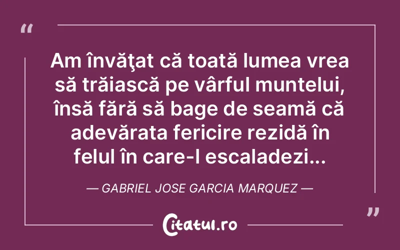 Am învăţat că toată lumea vrea să trăiască pe vârful muntelui, însă fără să bage de seamă că adevărata fericire rezidă în felul în care-l escaladezi... Gabriel Jose Garcia Marquez