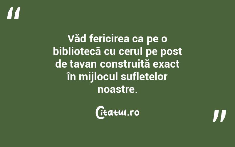 Văd fericirea ca pe o bibliotecă cu cerul pe post de tavan construită exact în mijlocul sufletelor noastre. 
